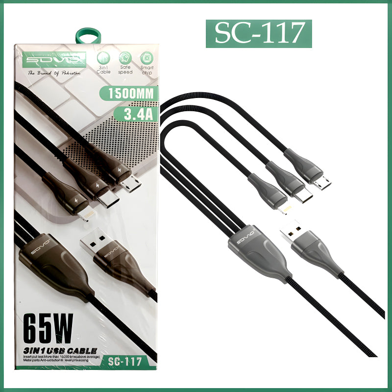 SC-117 5 in 1 Fast Charging Data Cable | Multi USB Cable | Type-C, Micro, Lightning | 66W Super Fast Charge