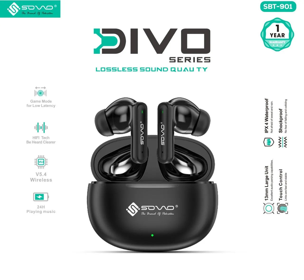 SBT-901 Wireless Earbuds | Bluetooth 5.3 | Hi-Fi Stereo Sound | Touch Control | Long Battery Backup