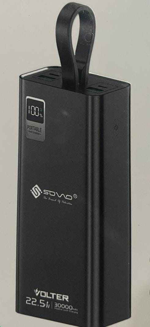 SOVO VOLTER SPB-633 | 30000mAh 22.5W Quick Charging Power Bank | Dual USB & Type-C Output | LED Display | Fast & Safe Charging